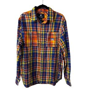 Rocawear Classic Mens Long Sleeve Blue Orange & Yellow Plaid Button Up Sz XL GUC